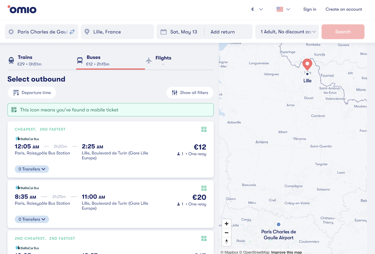 omio website screenshot price comparison bus