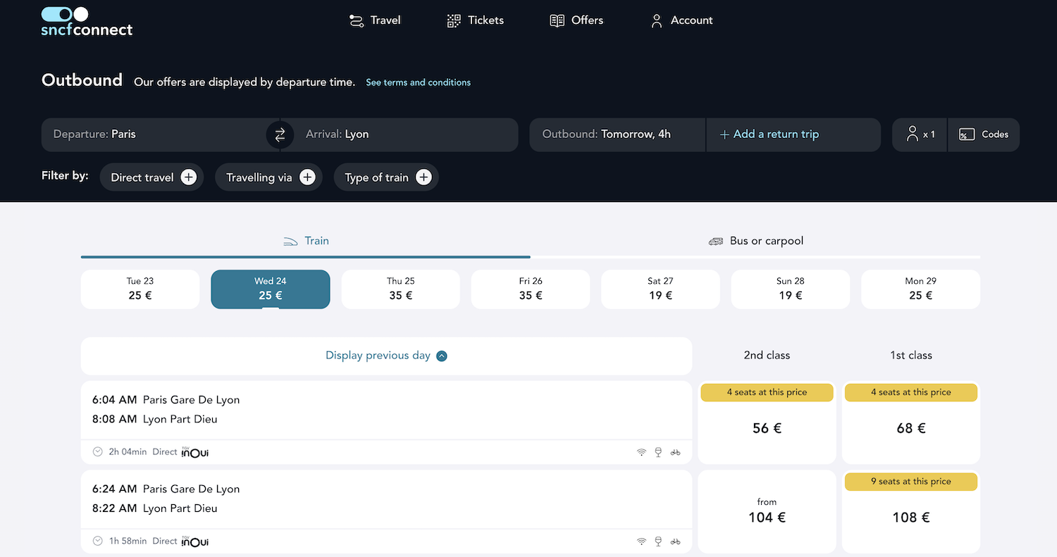 sncf connect web screenshot booking train