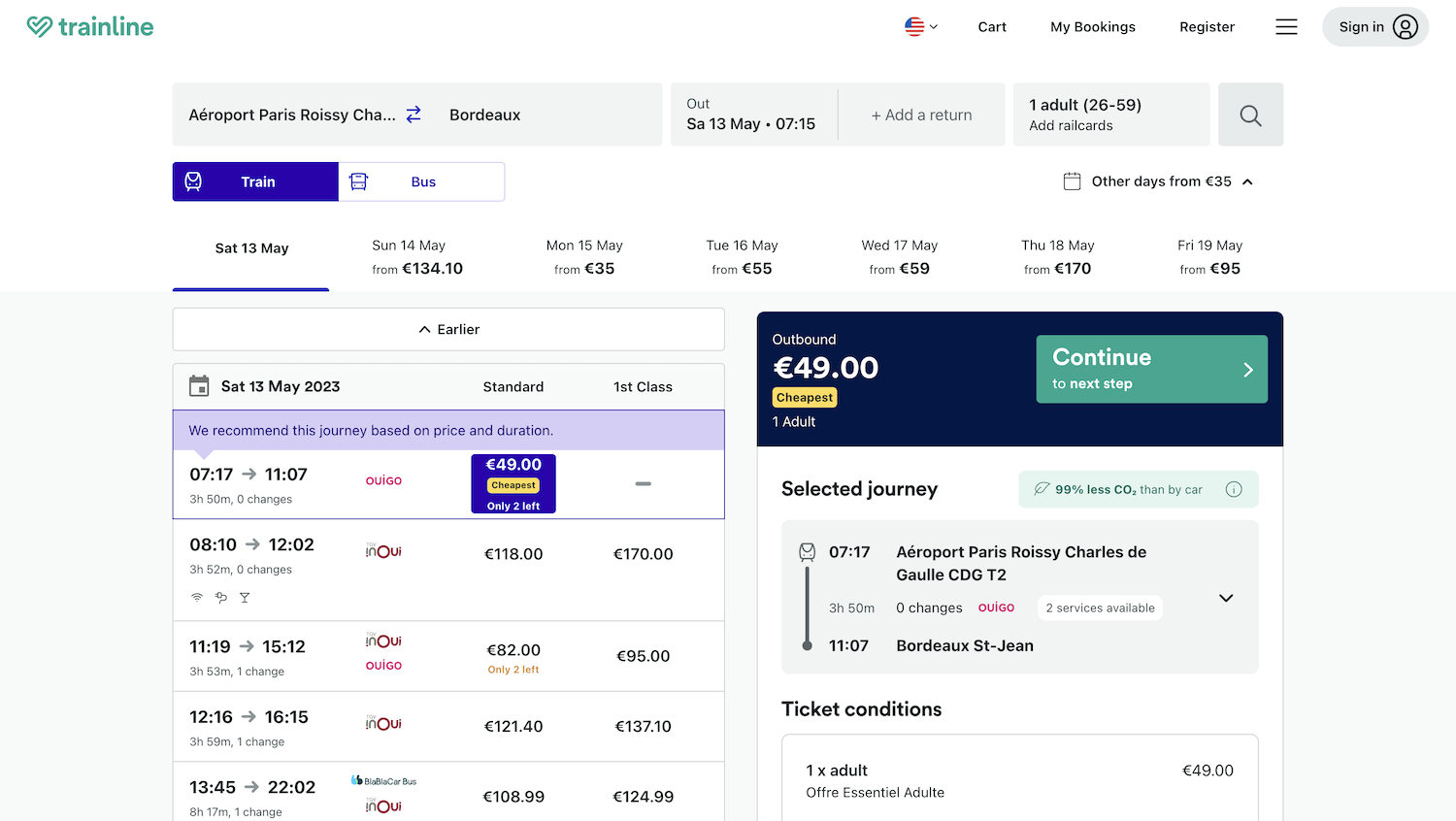 trainline web screenshot booking train